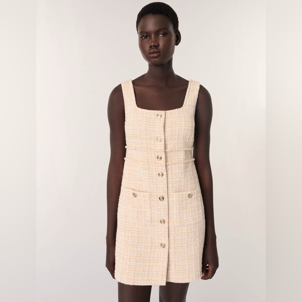 Maje Cream Tweed Mini Dress with Gold Buttons